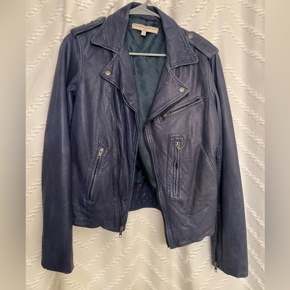 NWOT What Goes Around Comes Around navy leather jacket size S